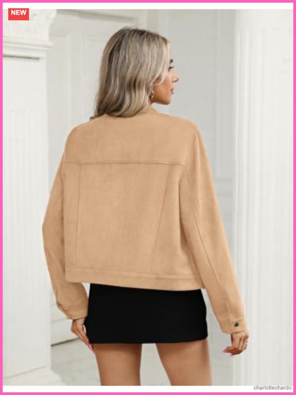 Faux Suede Cropped Jacket Snap Button Pockets Fall Shacket - Picture 5 of 6